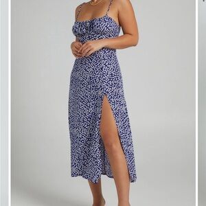 Blue Floral Midi Dress with Slit